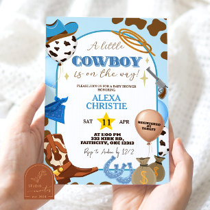 Blauwe Cowboy Jongen Baby Borrel Uitnodiging