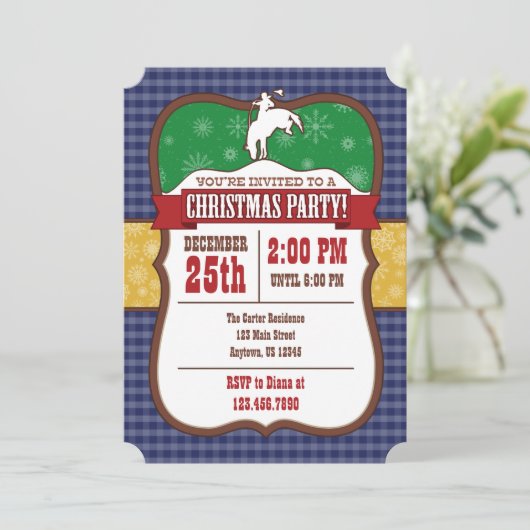 Blauwe Cowboy Kerstfeest Uitnodiging (Staand voorkant)