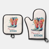 Blauwe Cowboy laarzen & bloemen Ovenwant & Pannenlap Set (Voorkant)