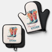 Blauwe Cowboy laarzen & bloemen Ovenwant & Pannenlap Set (Voorkant / Achterkant)