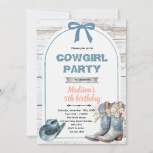 Blauwe cowgirl feest uitnodiging