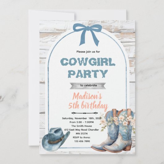 Blauwe cowgirl feest uitnodiging (Voorkant)