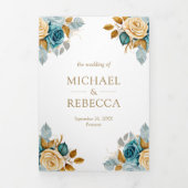 Blauwe Cream Bloemen Goud QR Code Foto Bruiloft Drieluik Uitnodiging (Cover)