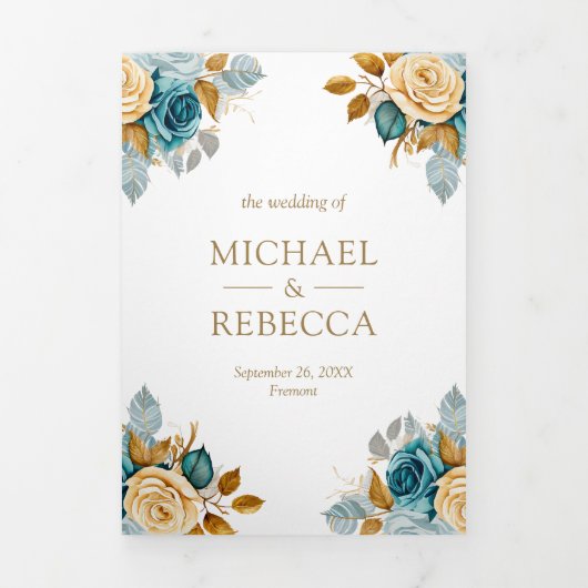 Blauwe Cream Bloemen Goud QR Code Foto Bruiloft Drieluik Uitnodiging (Cover)