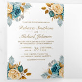 Blauwe Cream Bloemen Goud QR Code Foto Bruiloft Drieluik Uitnodiging (Binnenzijde eerst)