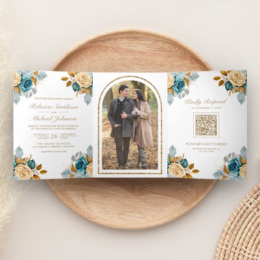 Blauwe Cream Bloemen Goud QR Code Foto Bruiloft Drieluik Uitnodiging