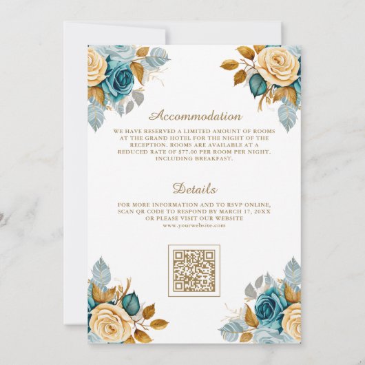 Blauwe Cream Bloemen Goud QR Code Moslim Bruiloft Kaart (Achterkant)