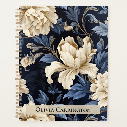 Blauwe Cream Bloemen Pioen Patroon Gepersonaliseer Planner (Voorkant)