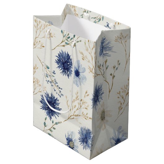 Blauwe Crème Bloemen Bruiloft Medium Cadeauzakje (Voorkant Gekanteld)