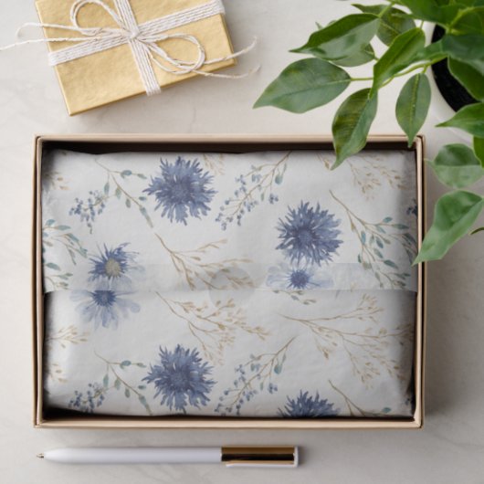 Blauwe Crème Bloemen Bruiloft Tissuepapier (Geschenk)