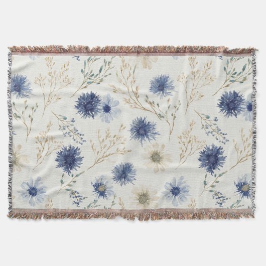 Blauwe Crème Bloemen Deken (Voorkant)