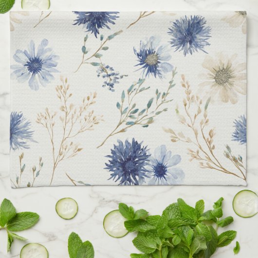 Blauwe Crème Bloemen Theedoek (Gevouwen)