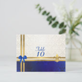 Blauwe crème damast tafelnummer (Staand voorkant)