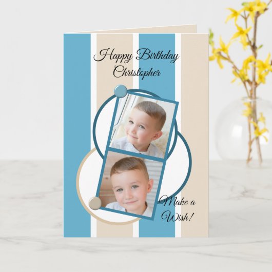 Blauwe crème en witte strepen foto's verjaardag kaart (Gele Bloem)