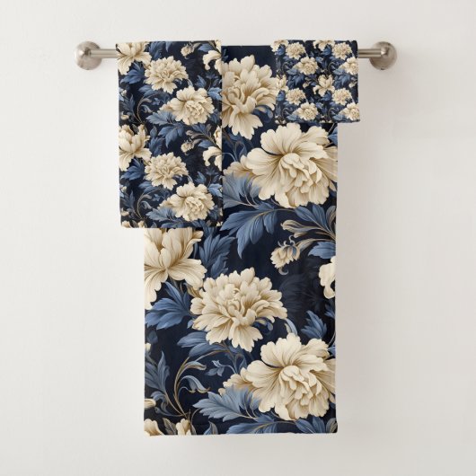 Blauwe Crème Floral Modern Bad Handdoek (Insitu)