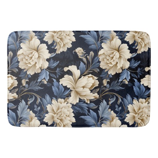 Blauwe Crème Floral Modern Badmat (Voorkant)