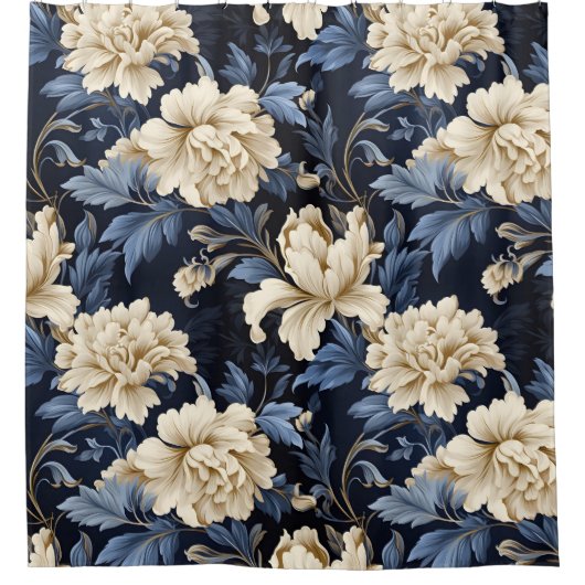 Blauwe Crème Floral Modern Douchegordijn (Voorkant)