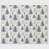 Blauwe Crème Kerstbomen Sneeuwvlokken Cadeaupapier (Vlak)