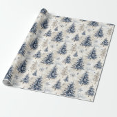Blauwe Crème Kerstbomen Sneeuwvlokken Cadeaupapier (Uitgerold)