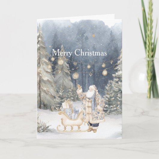 Blauwe Crème Kerstman Sneeuw Kerstbomen Kaart (Voorkant)