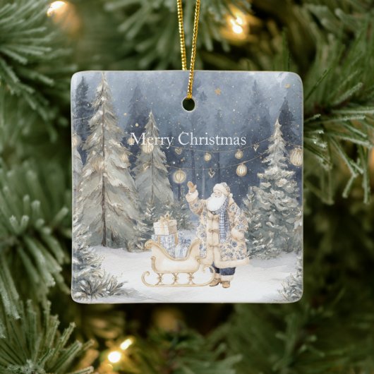 Blauwe Crème Kerstman Sneeuw Kerstbomen Keramisch Ornament (Boom)
