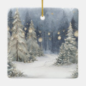 Blauwe Crème Kerstman Sneeuw Kerstbomen Keramisch Ornament (Achterkant)