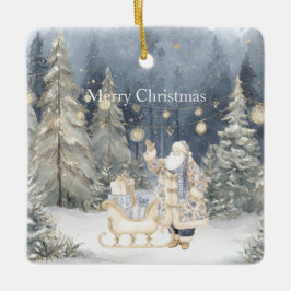 Blauwe Crème Kerstman Sneeuw Kerstbomen Keramisch Ornament