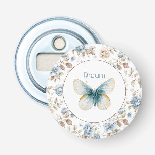 Blauwe Crème Tane Bruine Bloemen Vlinder Button Flesopener