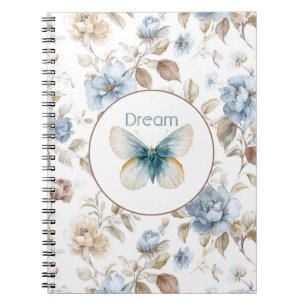 Blauwe Crème Taupe Bruine Bloemen Vlinder Notitieboek