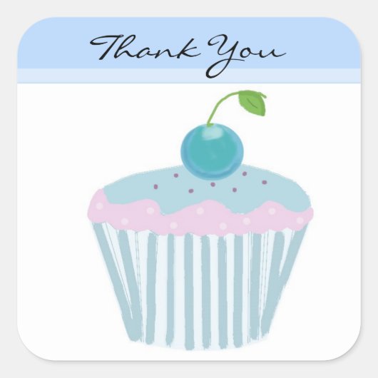 Blauwe Cupcake Dank Je Wel Vierkante Sticker (Voorkant)