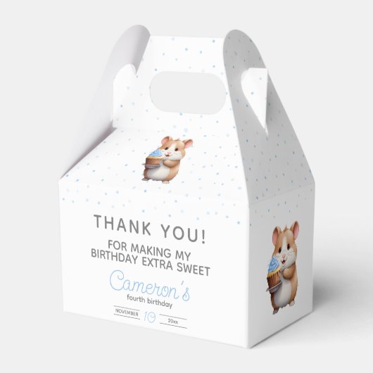 Blauwe cupcake hamster, knabbel & giechelen verjaa bedankdoosjes (Voorkant Zijde)
