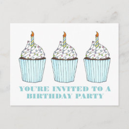 Blauwe Cupcake Kaars Verjaardagsfeest Uitnodiging Briefkaart