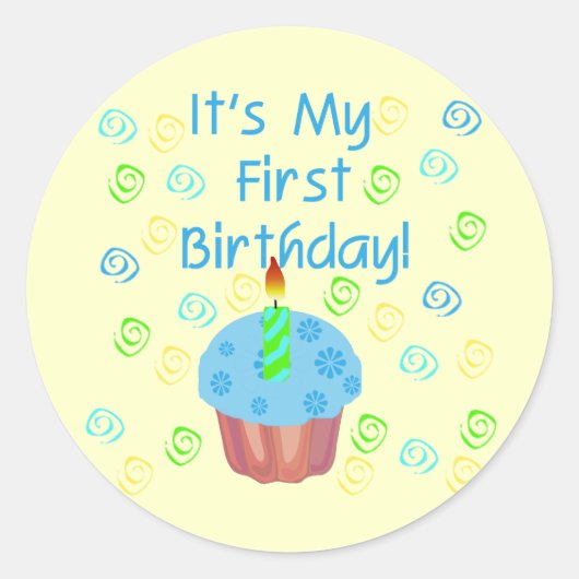 Blauwe Cupcake met Kaars Eerste Verjaardag Ronde Sticker (Voorkant)