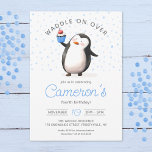 Blauwe Cupcake Pinguïn Celebration, kind's Verjaar Kaart<br><div class="desc">Vier de speciale dag van je zoontje met onze schattige aanpasbare verjaardagsuitnodiging met een lieve pinguïn met een cupcake temidden van een charmante blauwe confetti achtergrond, allemaal gedaan in een heerlijke waterverf stijl. Met zijn speelse cartoon feel en aanpasbare tekstopties, geeft deze 5 "x7"-uitnodiging de perfecte toon voor een leuk...</div>