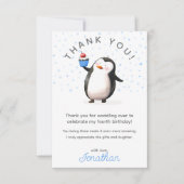 Blauwe cupcake pinguïn viering jongen verjaardag bedankkaart (Voorkant)