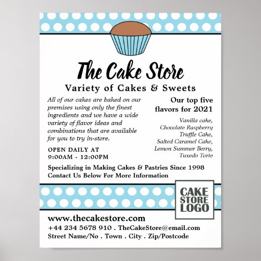 Blauwe Cupcake & Polka Dot, Cake Store Adverteren Poster (Voorkant)