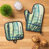 Blauwe curven ovenwant & pannenlap set (Top down)