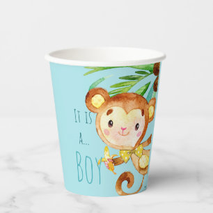 Blauwe Cute Monkey Baby Boy Aankondiging 2 Papieren Bekers