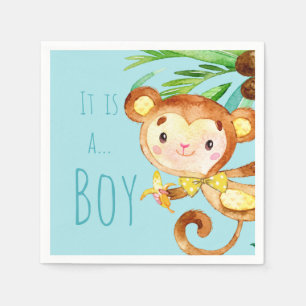 Blauwe Cute Monkey Baby Boy Aankondiging 2 Servet