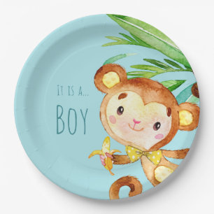 Blauwe Cute Monkey Baby Jongen Aankondiging 2 Papieren Bordje