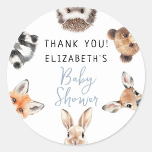 Blauwe Cute Waterverf Bosdieren Baby Shower Ronde Sticker