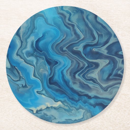 Blauwe cyaan witte marmer Acrylafbraak Ronde Kartonnen Onderzetter (Voorkant)