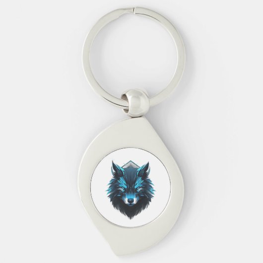 Blauwe Cyber Wolf Grafisch Sleutelhanger (Voorkant)
