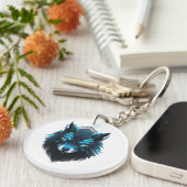 Blauwe Cyber Wolf Grafisch Sleutelhanger (Voorkant Rechts)