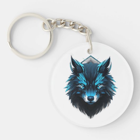 Blauwe Cyber Wolf Grafisch Sleutelhanger (Voorkant)