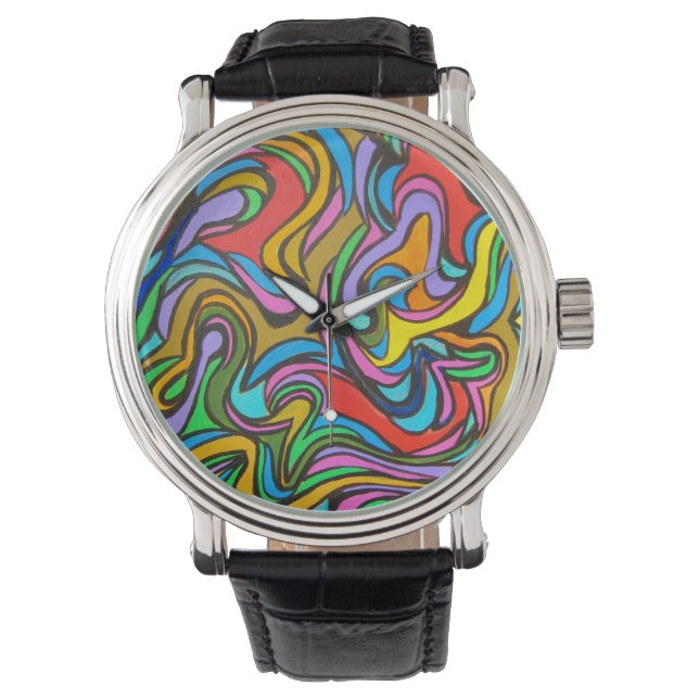 Blauwe dag-moderne kunst met de hand geschilderd horloge (Voorkant)