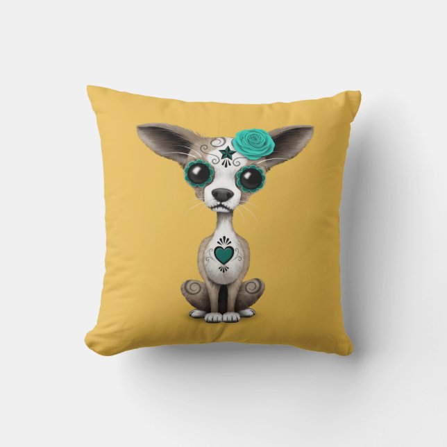 Blauwe Dag van de Dode Suiker Skulls Chihuahua Pup Kussen (Voorkant)