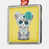 Blauwe dag van de dode suikerschedel metalen ornament (Links)