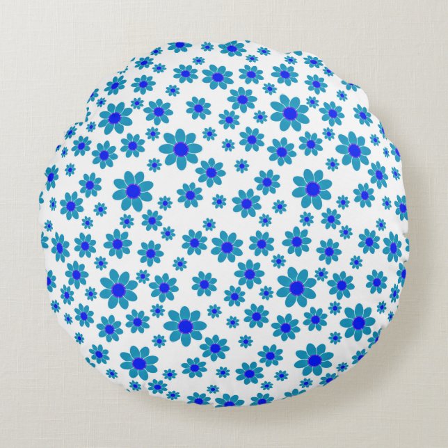 Blauwe dagen | Floral Repeteert Daisy Pattern Rond Kussen (Voorkant)