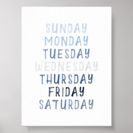 Blauwe dagen van de week educatief poster (Voorkant)